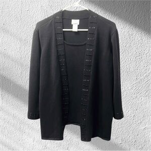 2-in-1 Black Beaded Trim Cardigan w/ Built-in Tank